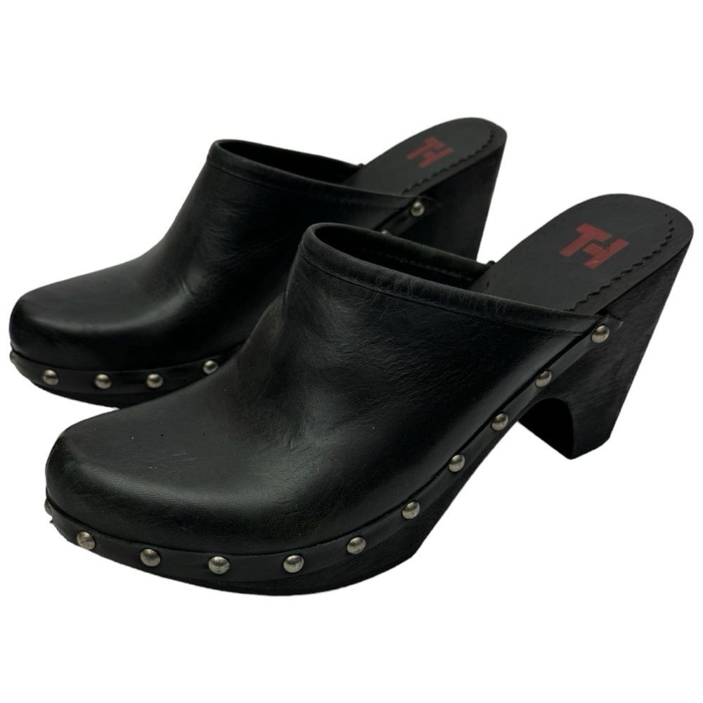 TWO T 2432 Black Leather Studded Clog Heels Size 8M Made in Brazil - Picture 8 of 10
